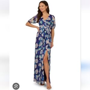 Adrianna Papell Navy Blue Floral Wrap Maxi Dress Size 16